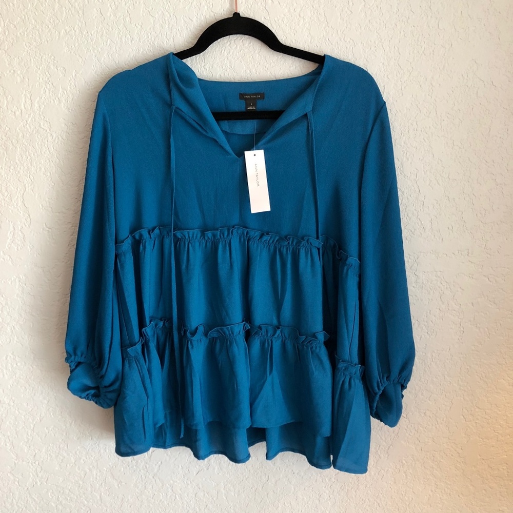 NWT Ann Taylor Blue Tiered Peasant Top Sz. S